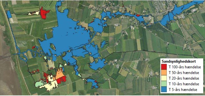 Figur 3.1 Udsnit af sandsynlighedskort for de klimafremskrevne forhold til år 2100 efter RCP-scenarie 8.5.